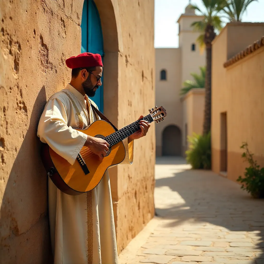 Rabat Stone Wall Musician in Traditional Attire
