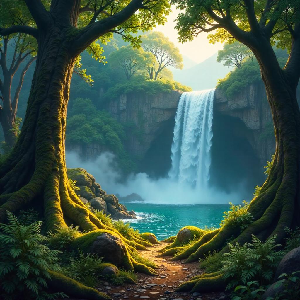 Forest Concept Art at the Foot of a Majestic Waterfall