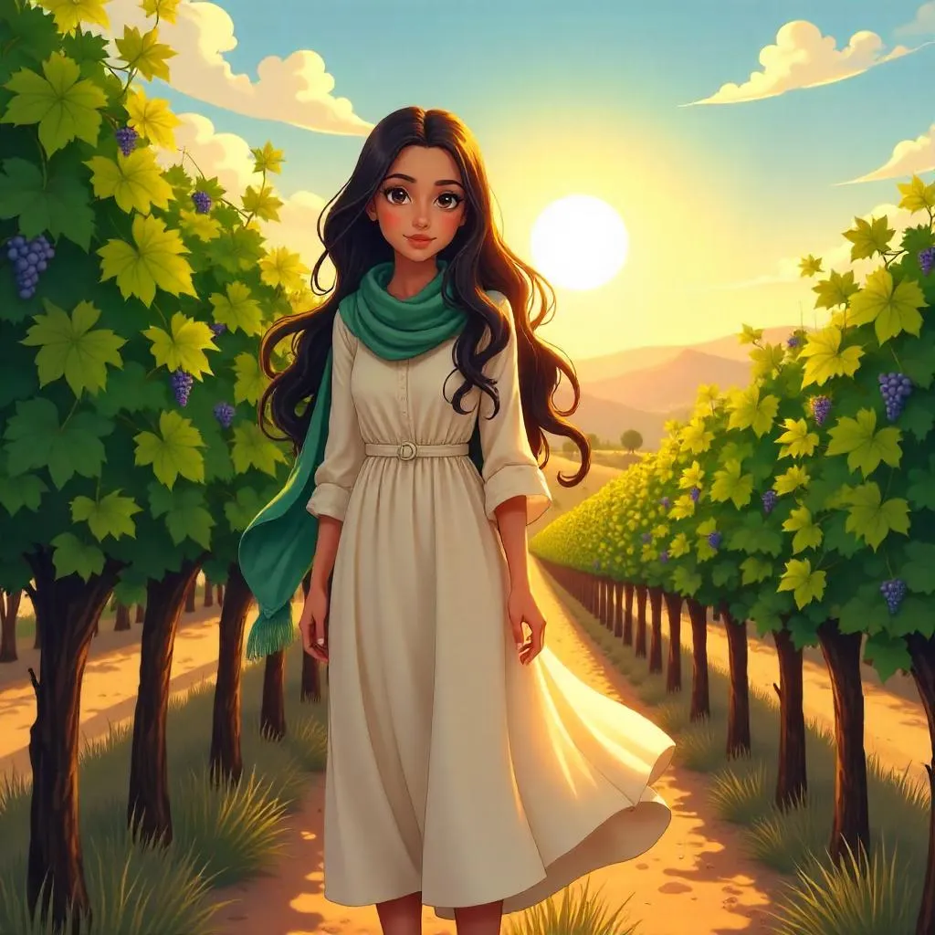 Vineyard Sunset: Anime Portrait of a 22-Year-Old Middle Eastern Woman