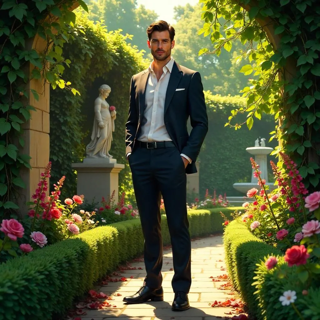 Confident White Man in a Lush Garden Concept Art
