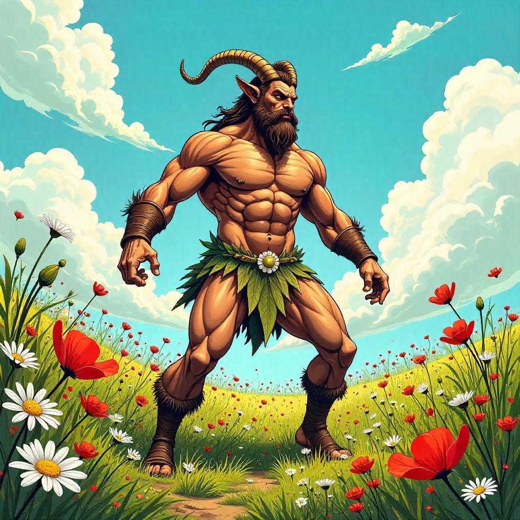Satyr in a Flower Field: Comic Book Splash