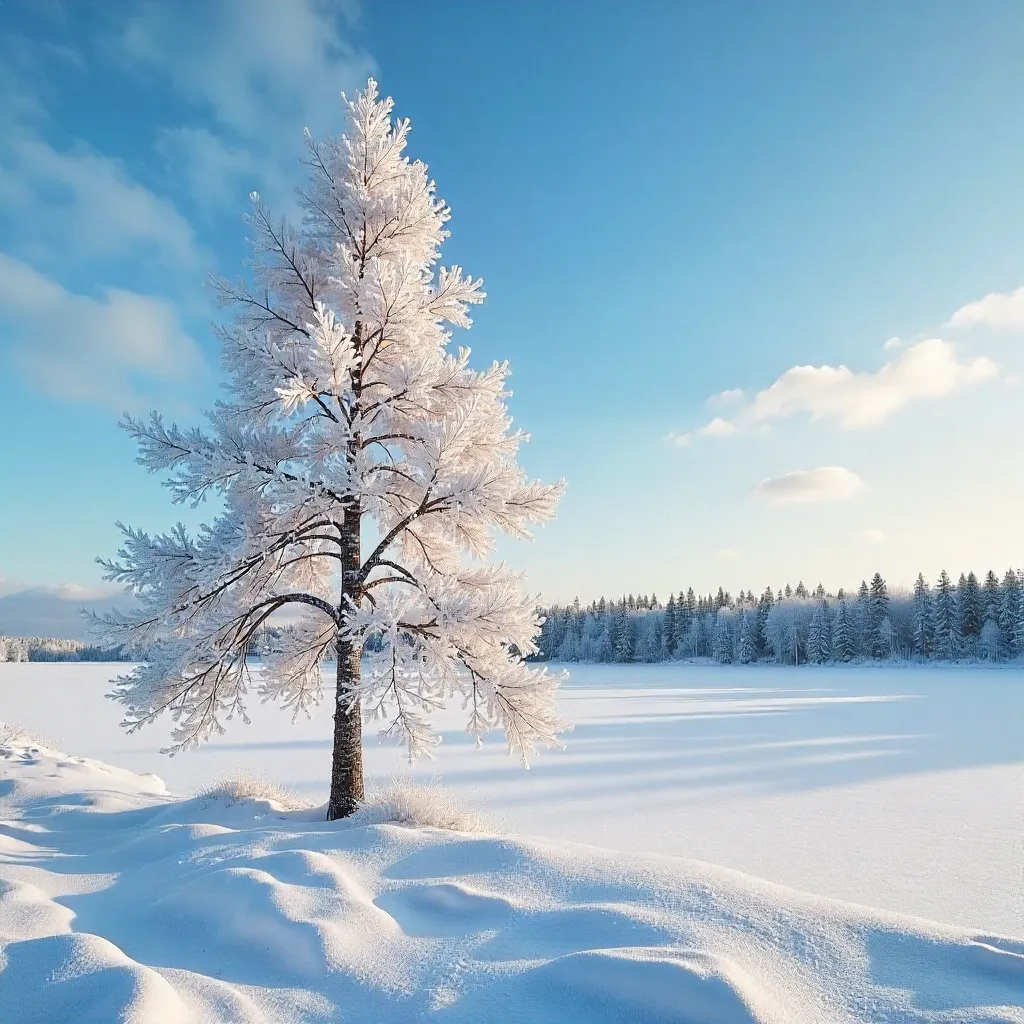 Frost-Kissed Tree Under a Vivid Swedish Winter Sky