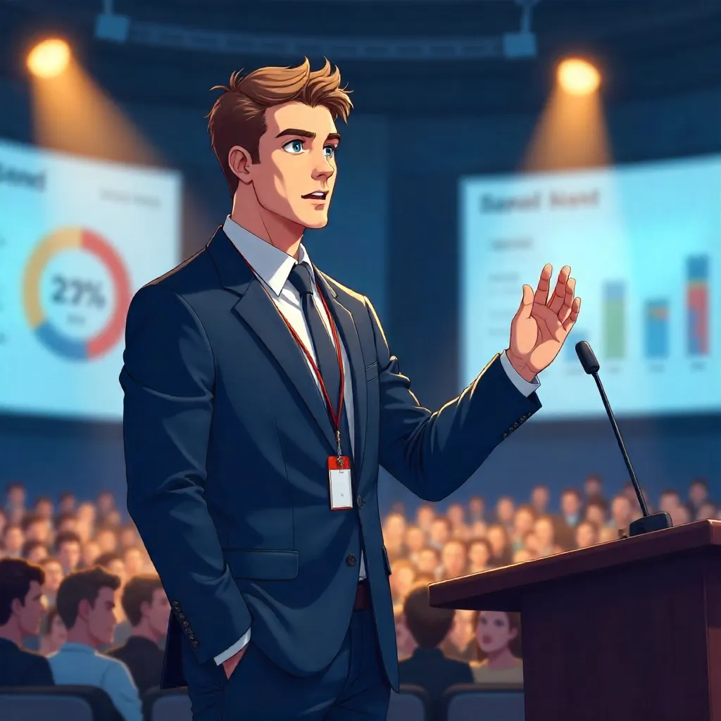 Confident White Man Keynote in Anime Style