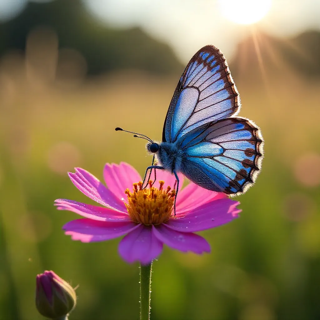 Azure Butterfly on Pink Wildflower - Macro Close-up