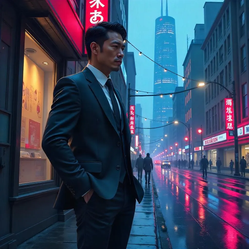 Confident Asian Man in Neon City Street – Concept Art