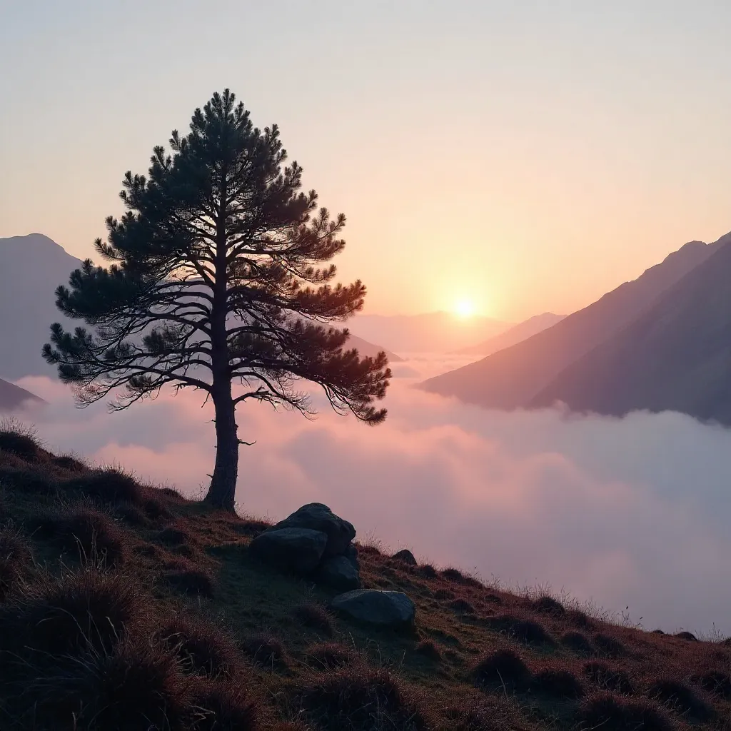 Silhouette of a Tree in Misty Scottish Highlands at Sunrise