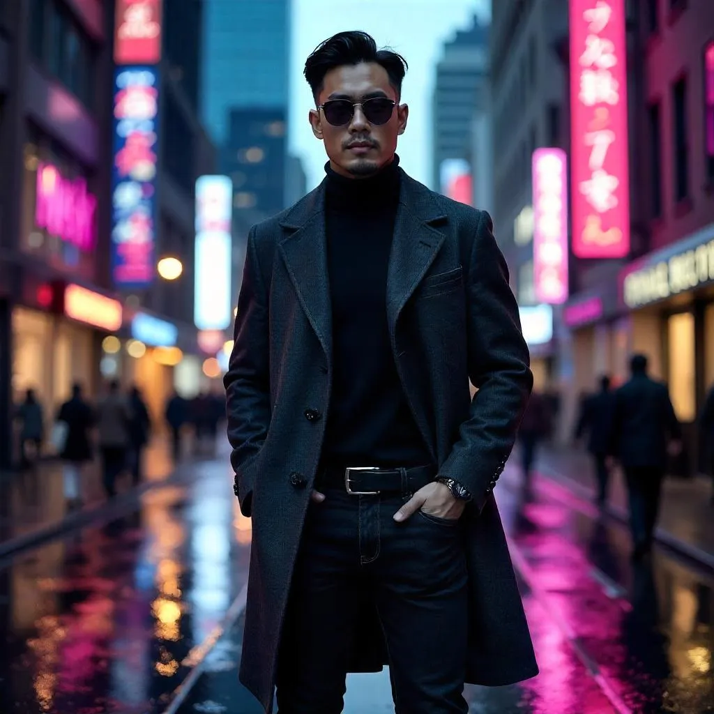 Neon-lit Chic: Stylish Asian Man on the Street