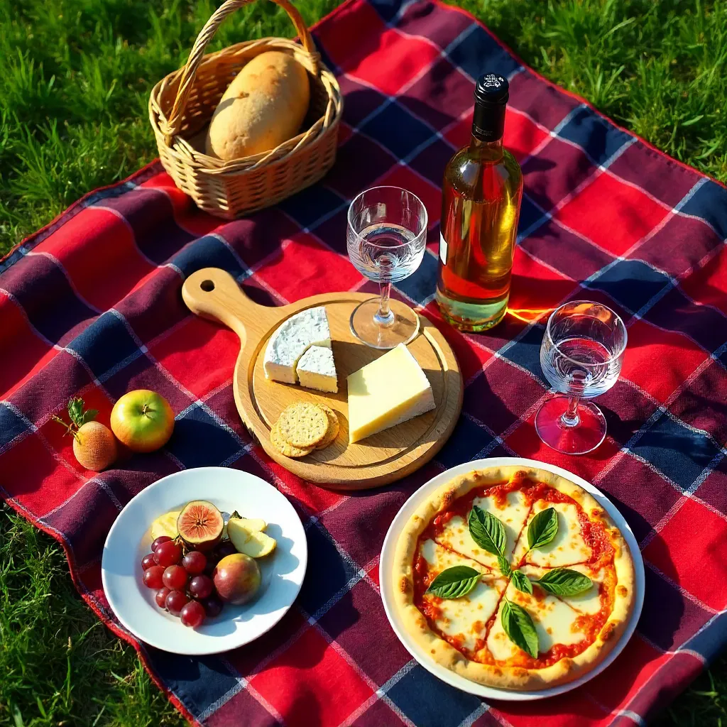 Flat Lay Gourmet Picnic on Plaid Blanket