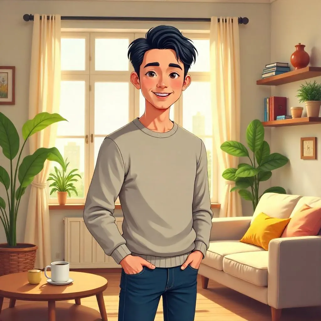 Charming Asian man in a cozy apartment - cartoon style