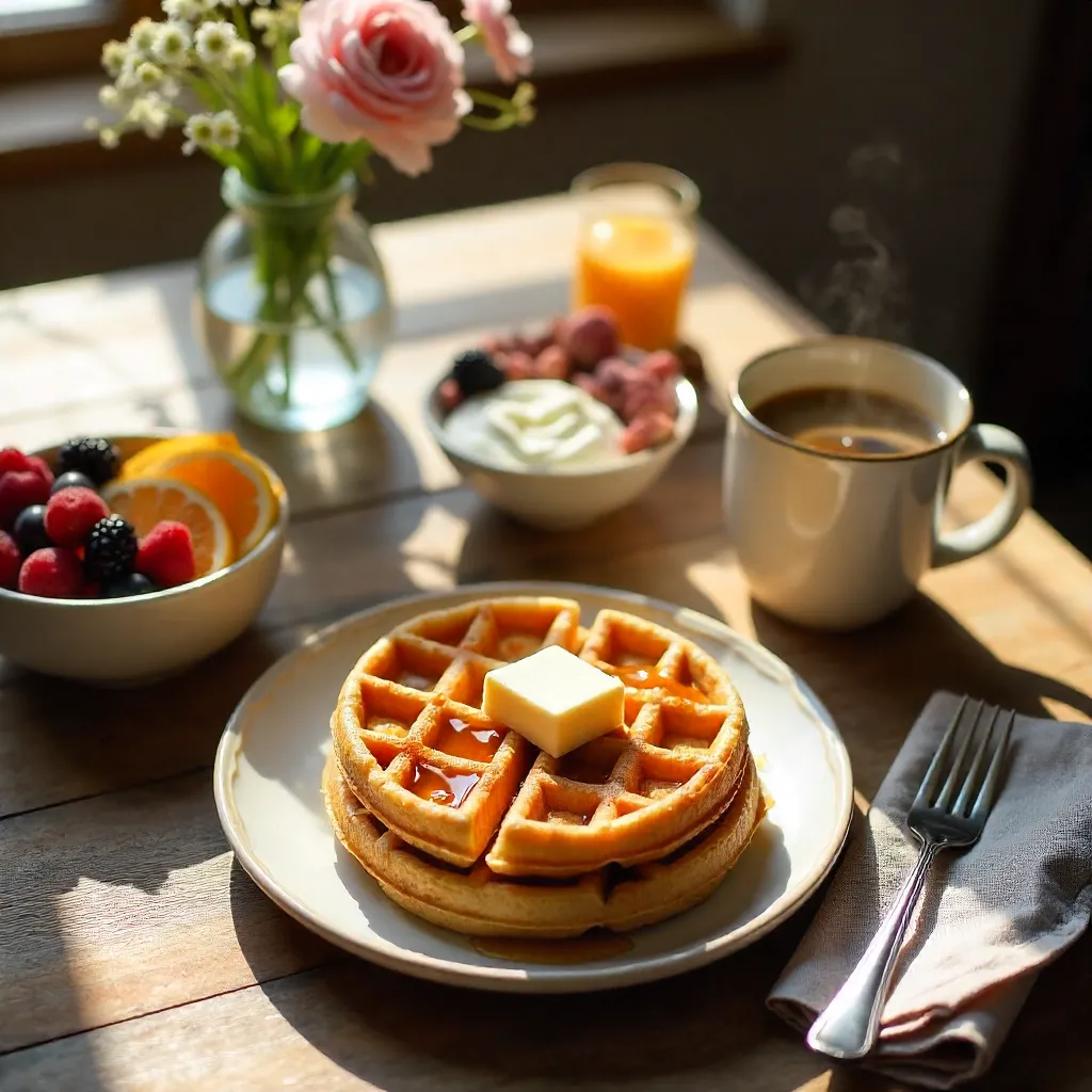 Sunlit Weekend Brunch: Waffles, Fruit, and Coffee