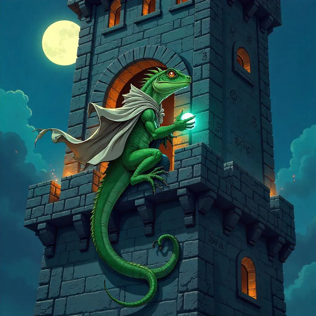 Lizard in an Anime Tower: Neon-Scaled Sentinel