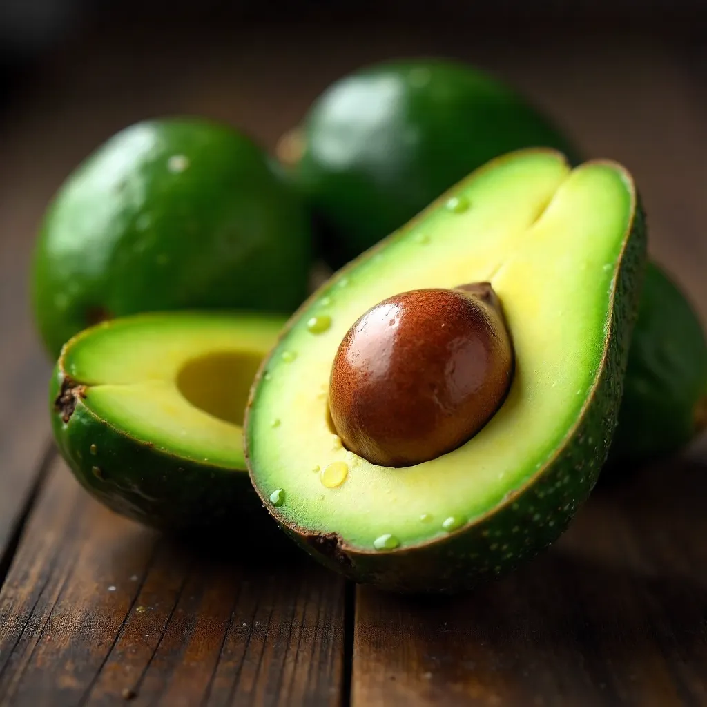 Close-Up Avocado Halves Among Ripe Fruit