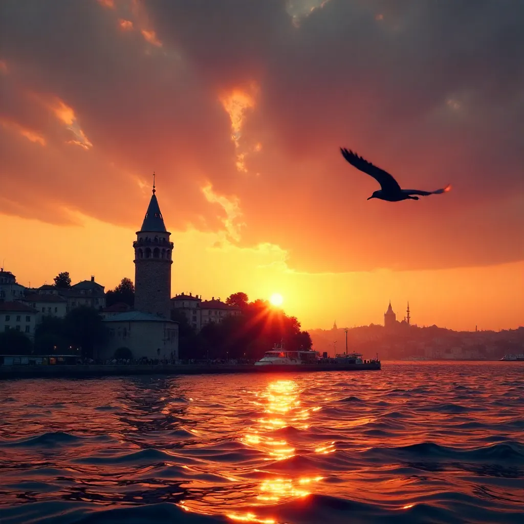 Bird over Sunset Golden Horn: Galata Tower Silhouette