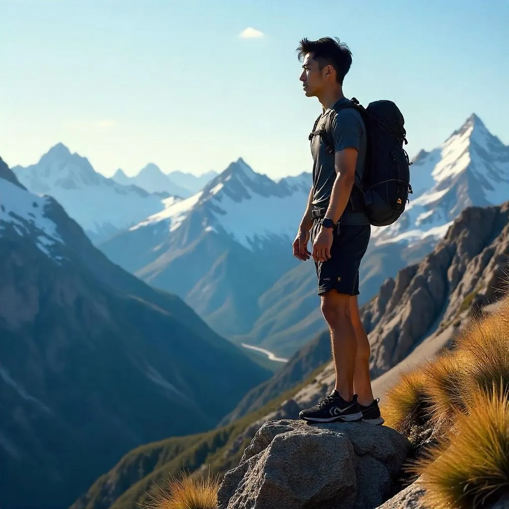 Athletic Asian Man in Alpine Mountains — Photorealistic