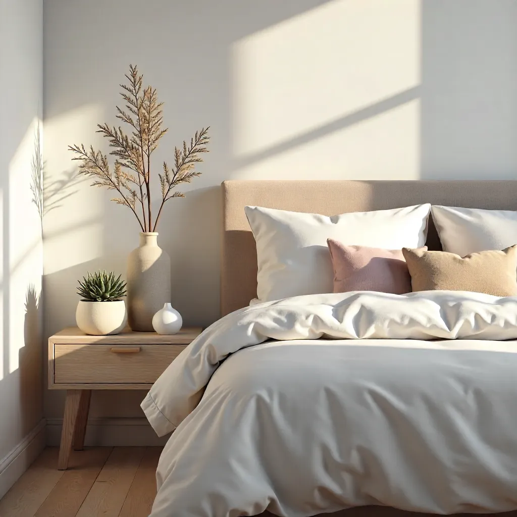 Modern Bedroom With Plush Pillows and Minimalist Side Table Decor