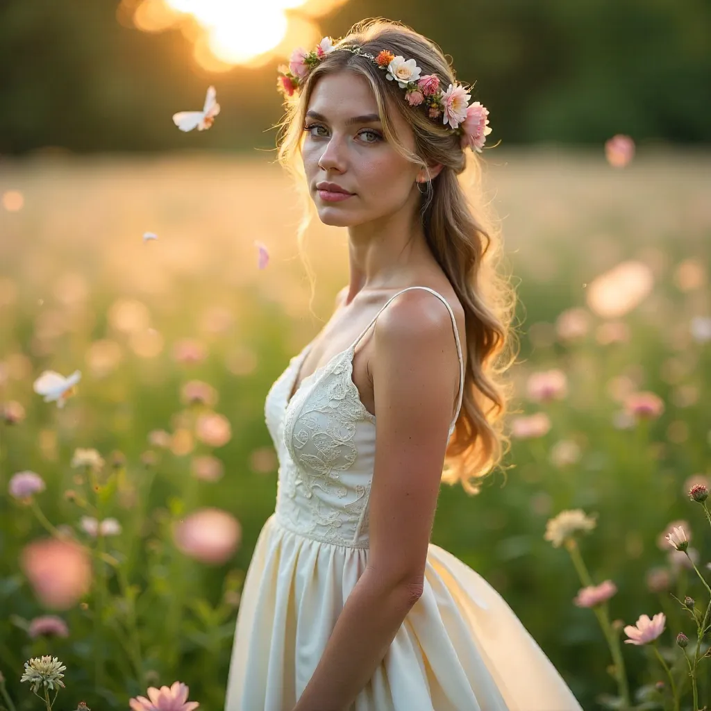 Dreamy Portrait of a Woman in a Flowing Floral Gown
