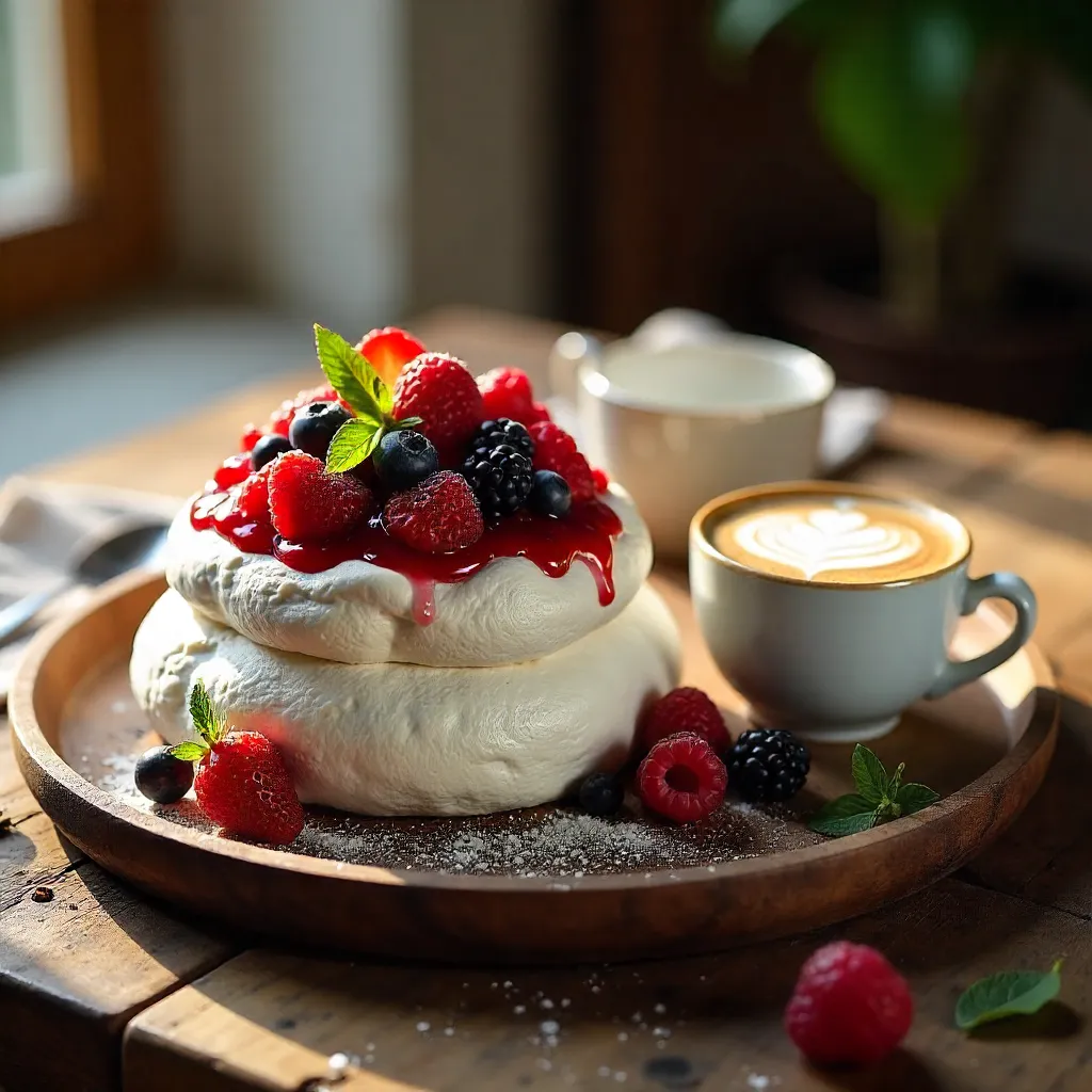 Pavlova and Cappuccino on Rustic Tray