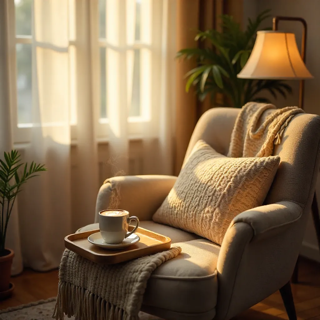 Cozy Corner with Coffee, Pillow, and Warm Lamp