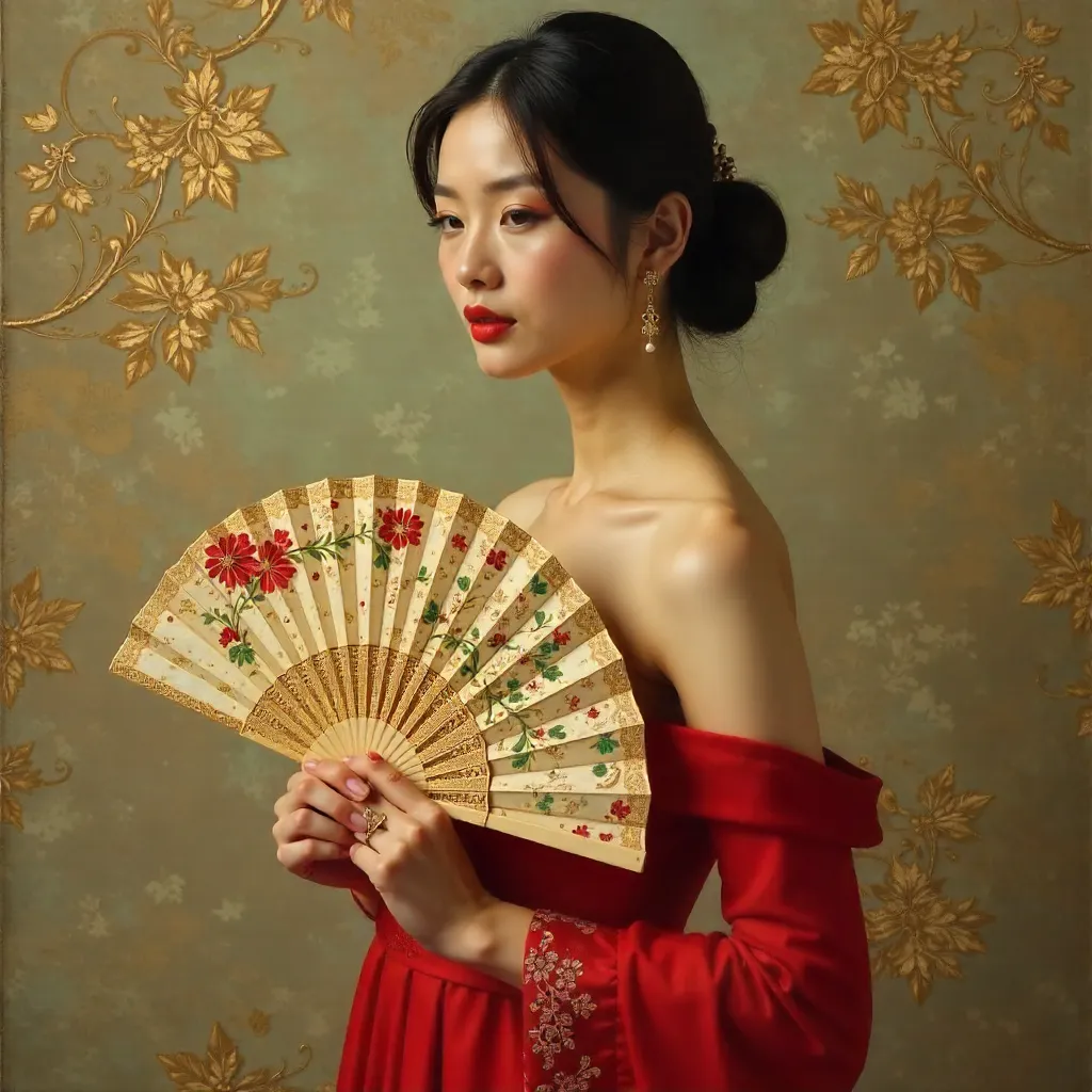 Elegant Red Dress Portrait with Fan and Cultural Expression