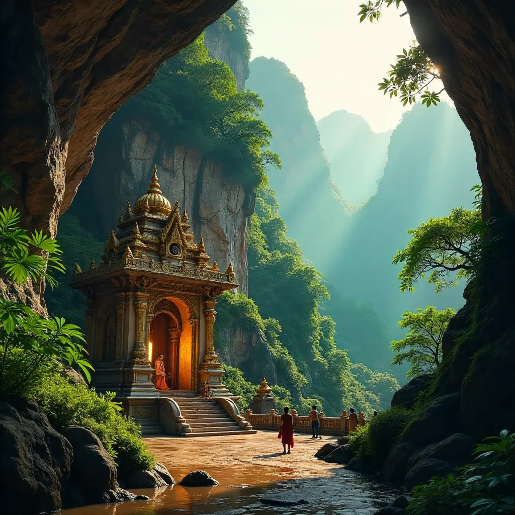 Golden Temple at Batu Caves Amid Lush Cliffs