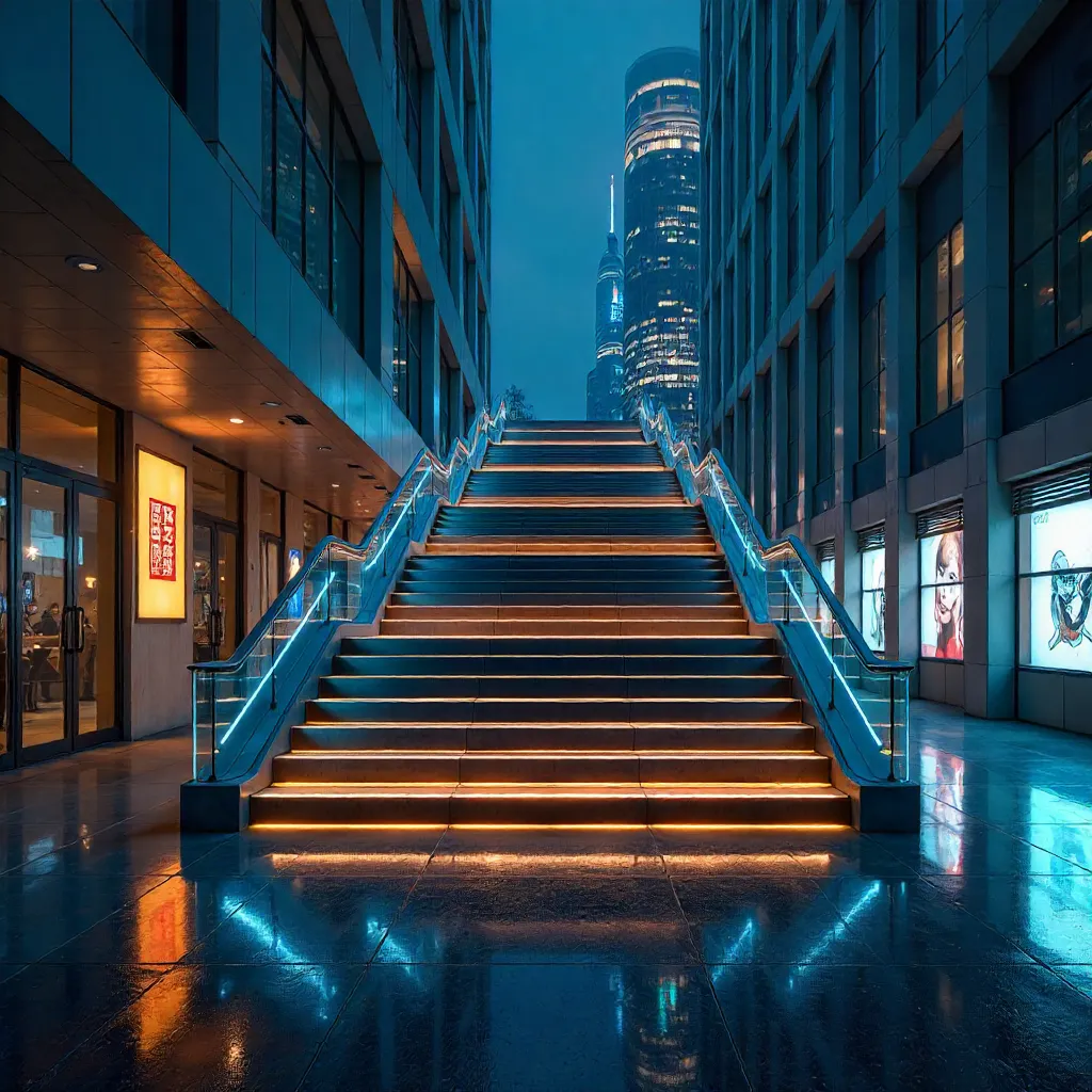Symmetrical Night Staircase in Neon City