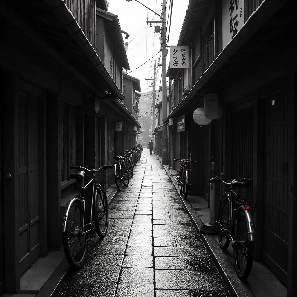 Monochrome Kyoto Street: Traditional Shops and Bicycles