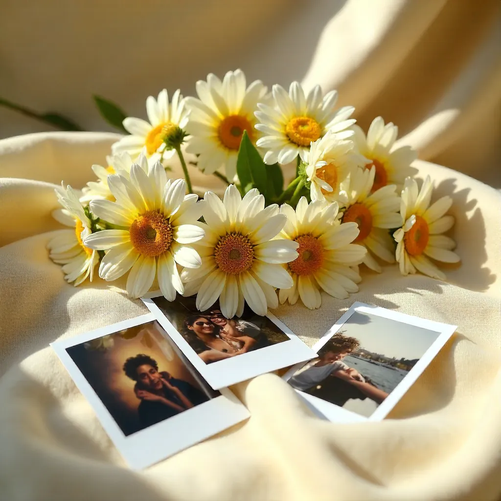 Chic Daisy Arrangement with Polaroid Cards on Velvet Fabric