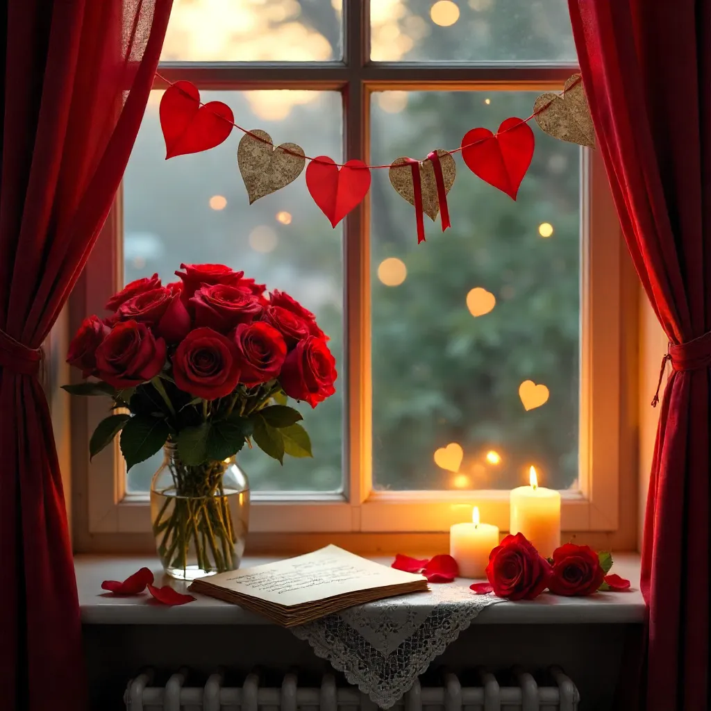 Romantic Window Display with Roses, Hearts and Letters