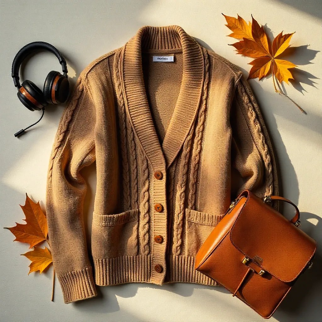 Warm Flat Lay: Knit Cardigan, Headphones & Leather Bag