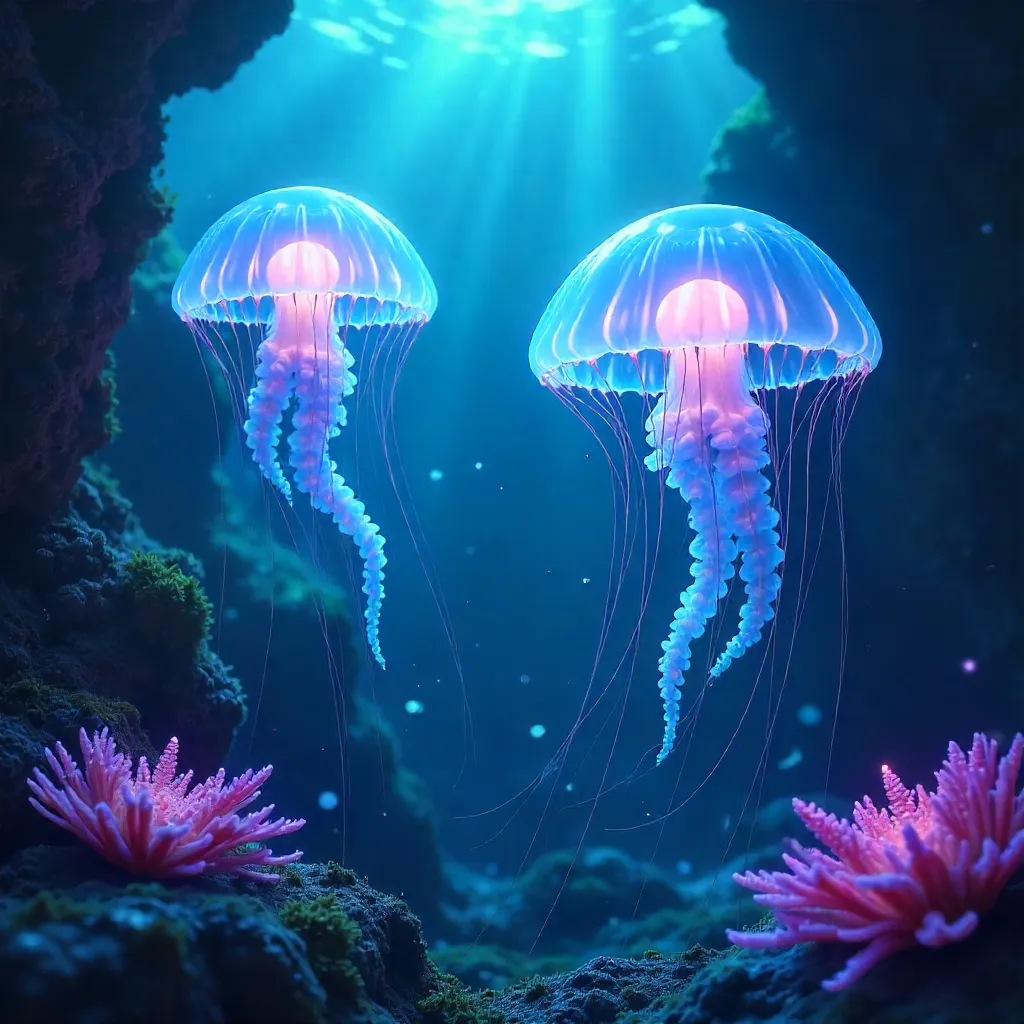 Glowing Elegance: Jellyfish in a Bioluminescent Ocean