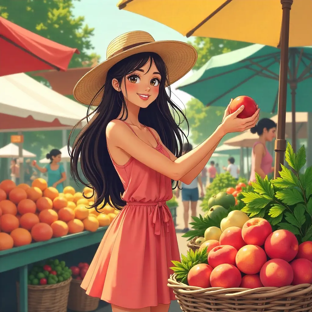 Latina Girl in Anime Style at a Sunny Farmers Market