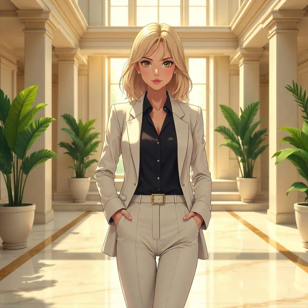 Confident White Woman in an Elegant Anime Villa