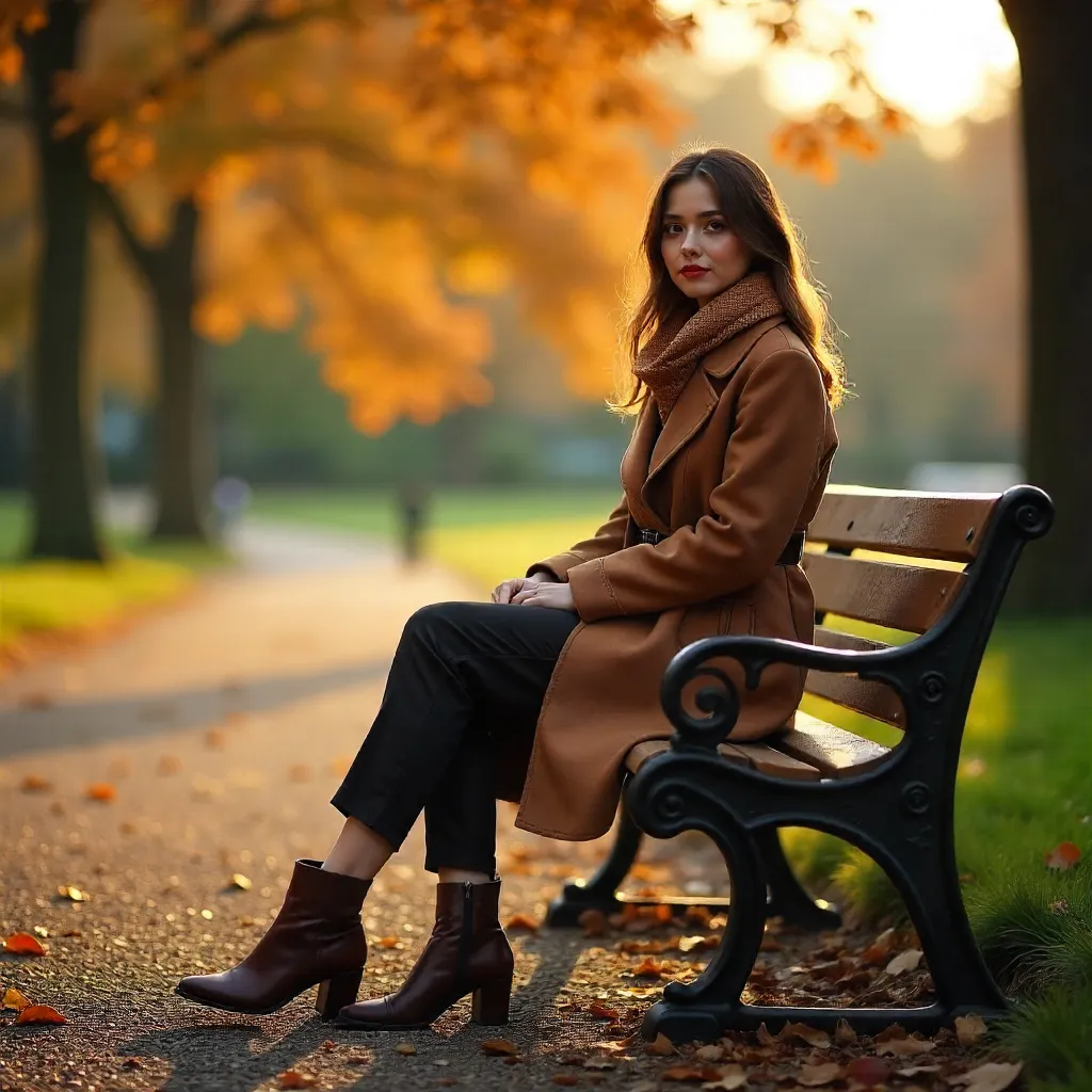 Elegant Woman in a Brown Coat on Park Bench