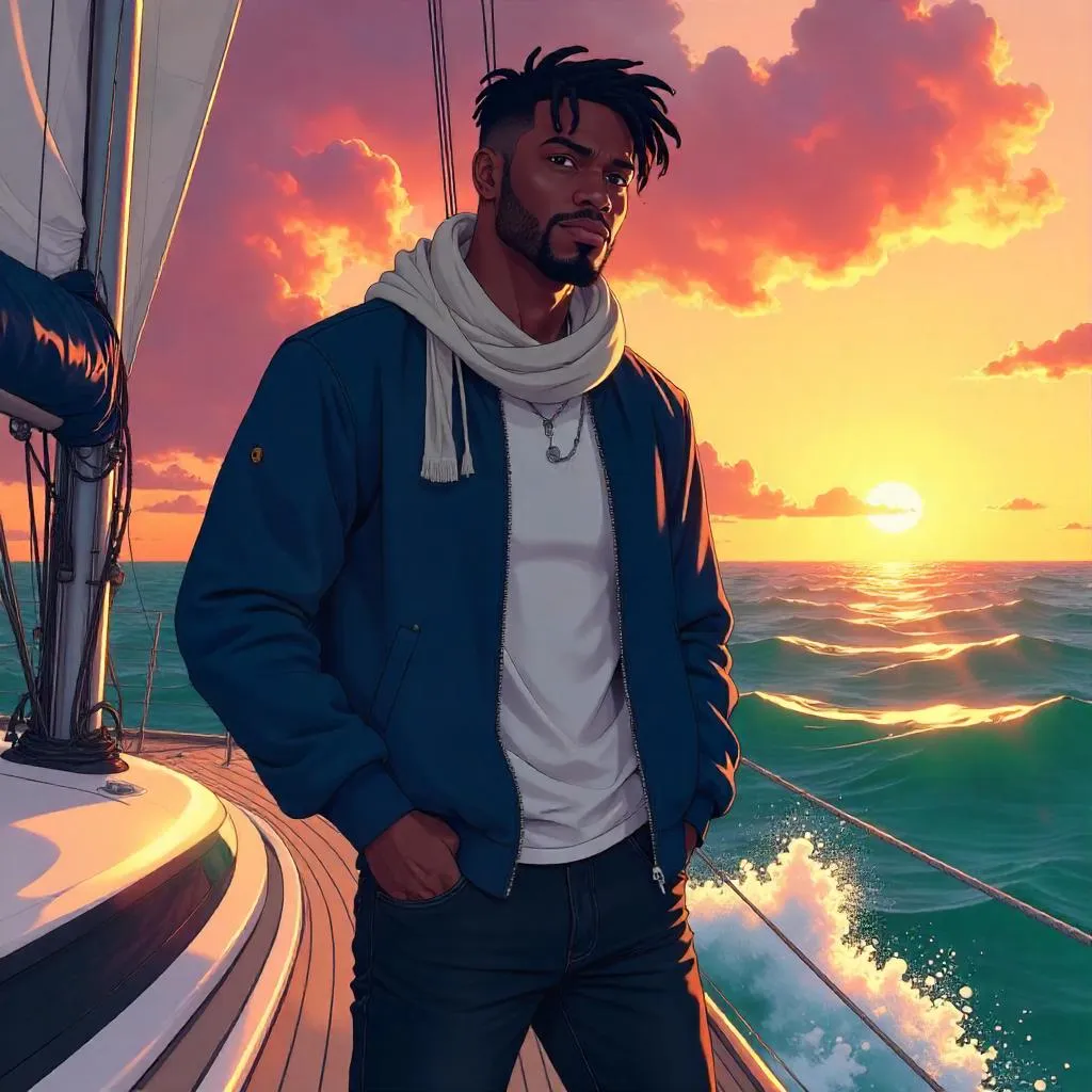Confident Black Man on a Boat - Anime Style