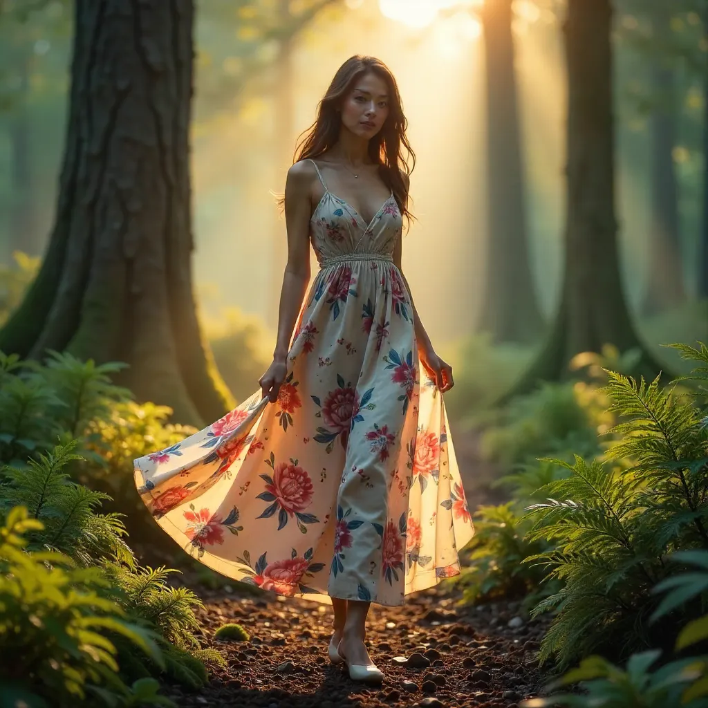 Graceful Floral Dress in a Serene Forest