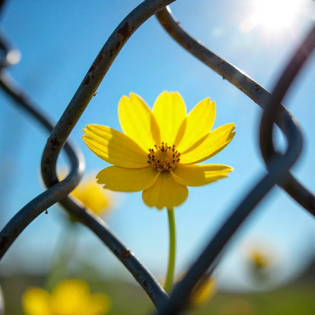 Bright Yellow Flower on a Chain Link Fence Under Blue Sky