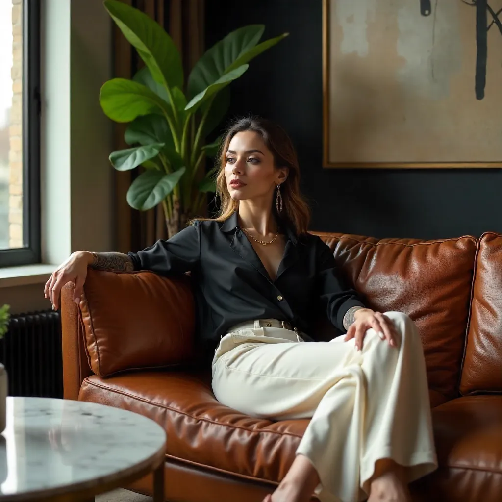 Elegant Tattooed Woman on Leather Sofa
