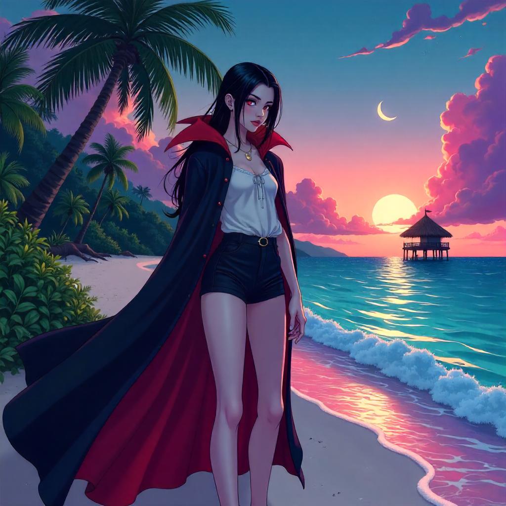 Anime Vampire on a Sunset Tropical Island