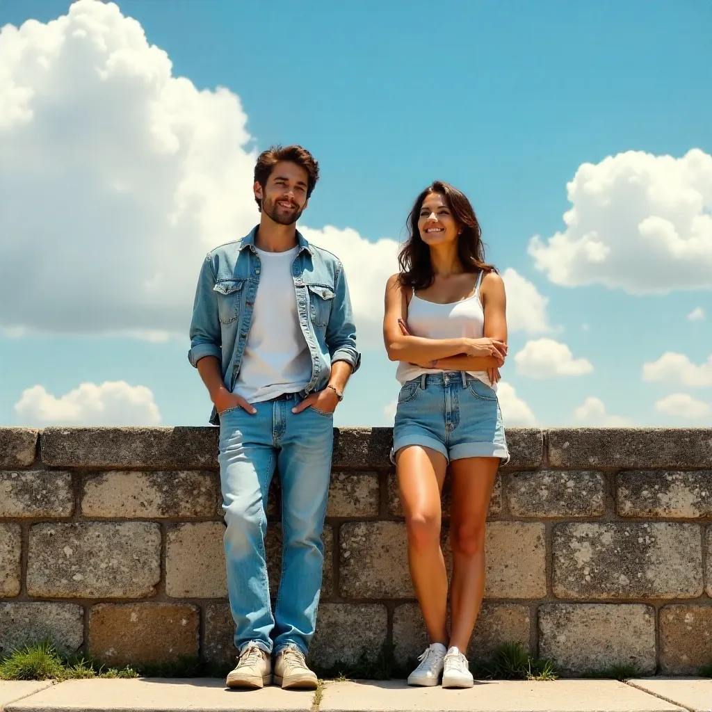 Two Individuals Leaning Against a Stone Wall Under a Clear Sky