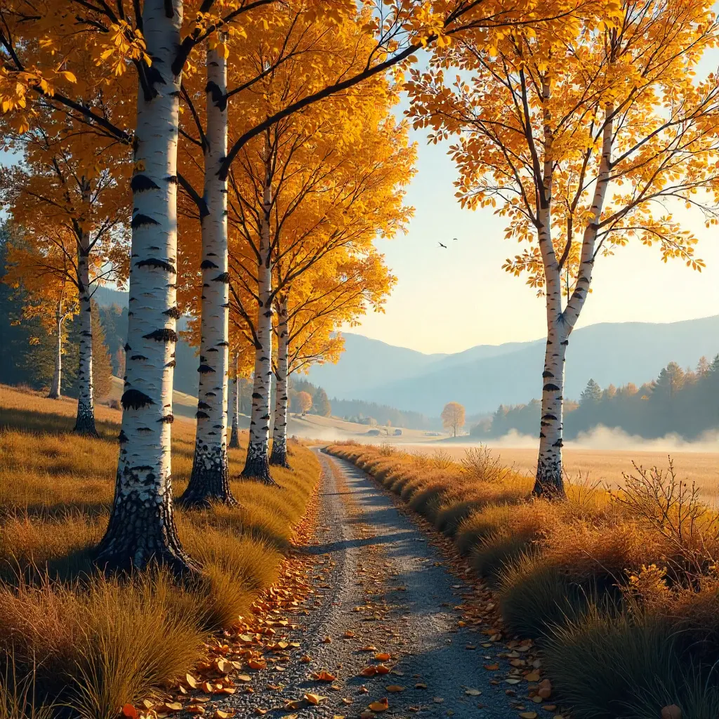 Serene Autumn Birch Path in Čajniče, Bosnia