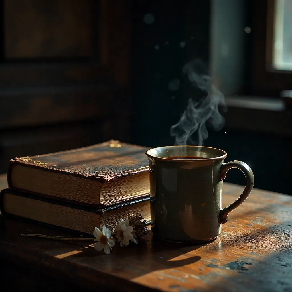 Moody Still Life with Vintage Book, Coffee, and Dried Flowers