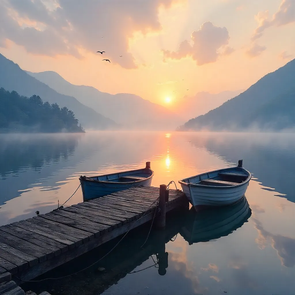 Dawn at the Misty Lakeside Pier
