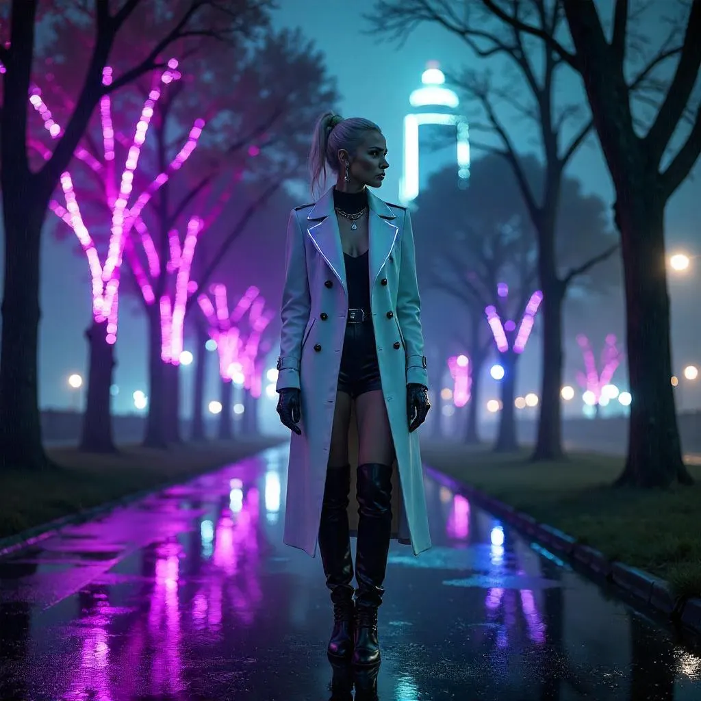 Neon Elegance in a Cyberpunk Park