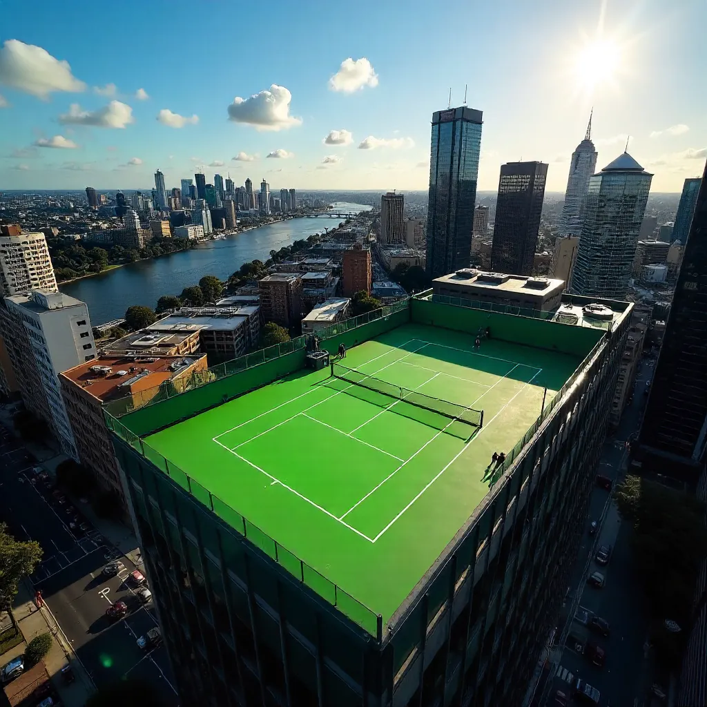 Bird's-eye Rooftop Tennis Court Over Melbourne