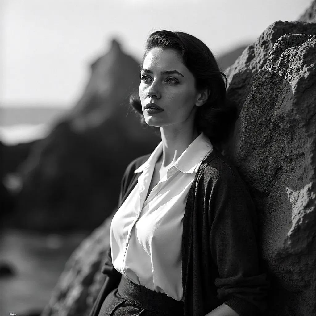 Thoughtful Woman Against a Rock — Classic B&W Portrait