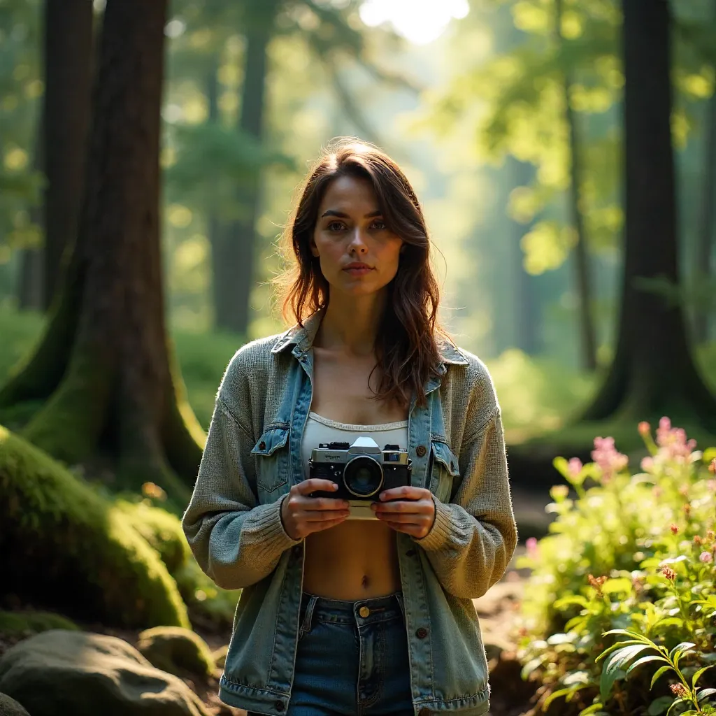 Woman with Vintage Camera in a Forest Clearing