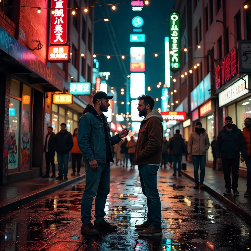 Two Men Chatting in a Lively Urban Alley
