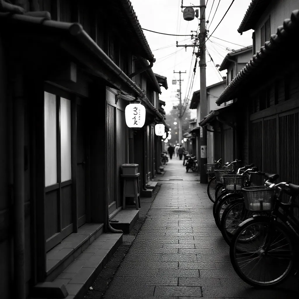 Monochrome Japanese Street with Traditional Shops and Bicycles