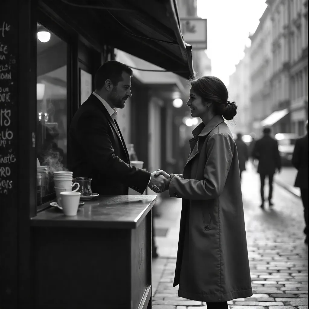Monochrome Handshake at the Coffee Stand