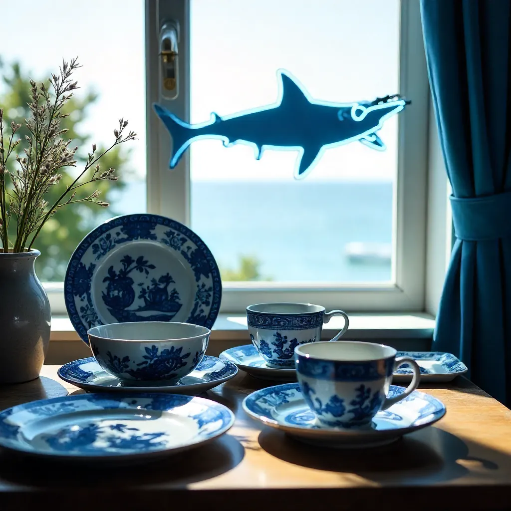 Neon Shark Over Delft-Style Tableware by the Window